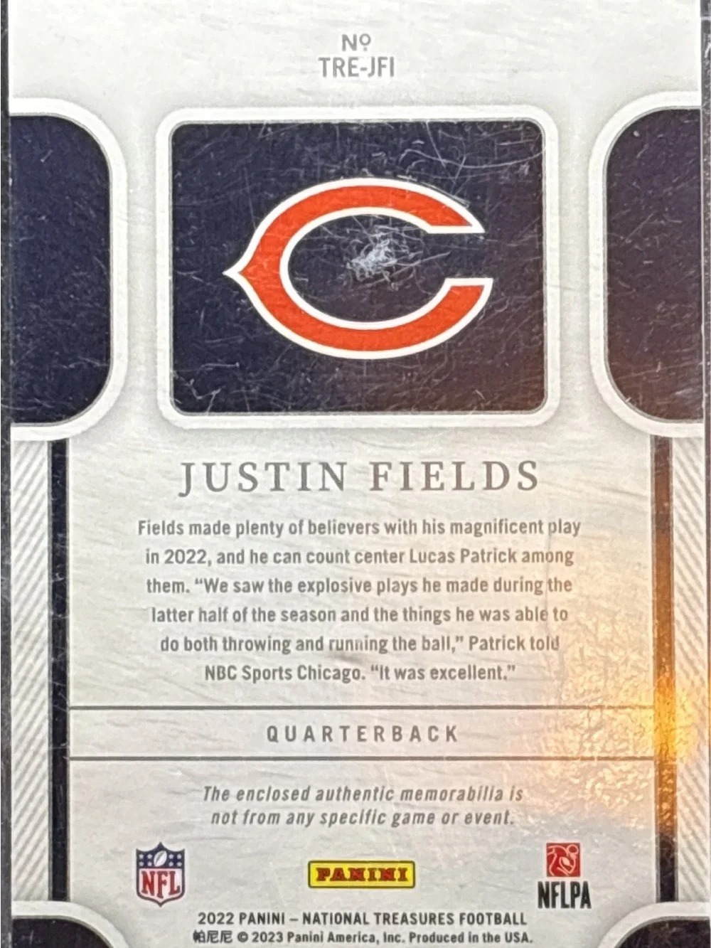 Panini Tremendous Treasures Justin Fields Patch Card - LE 12/49